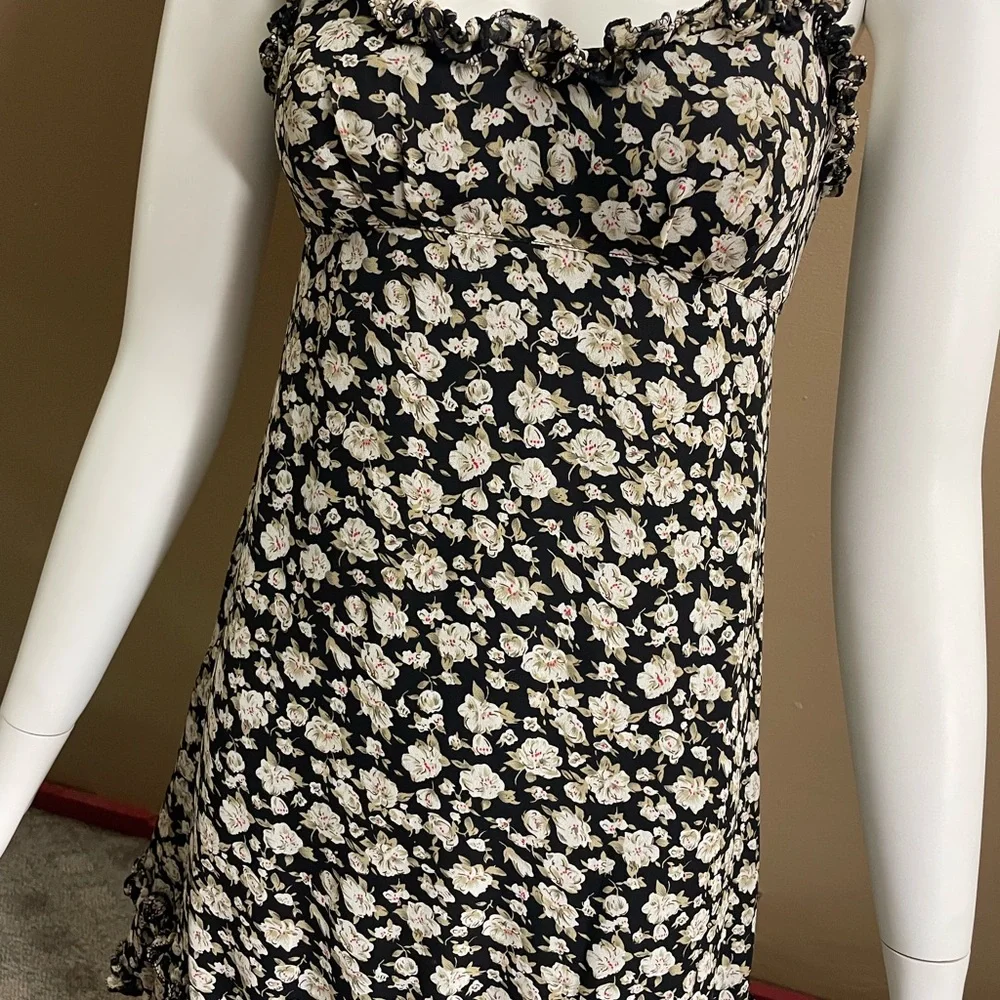Rare Anna Sui Floral 90s Mini Dress Size 2 Fashion 8212143 Black Flowers Dogwood - Picture 2 of 12